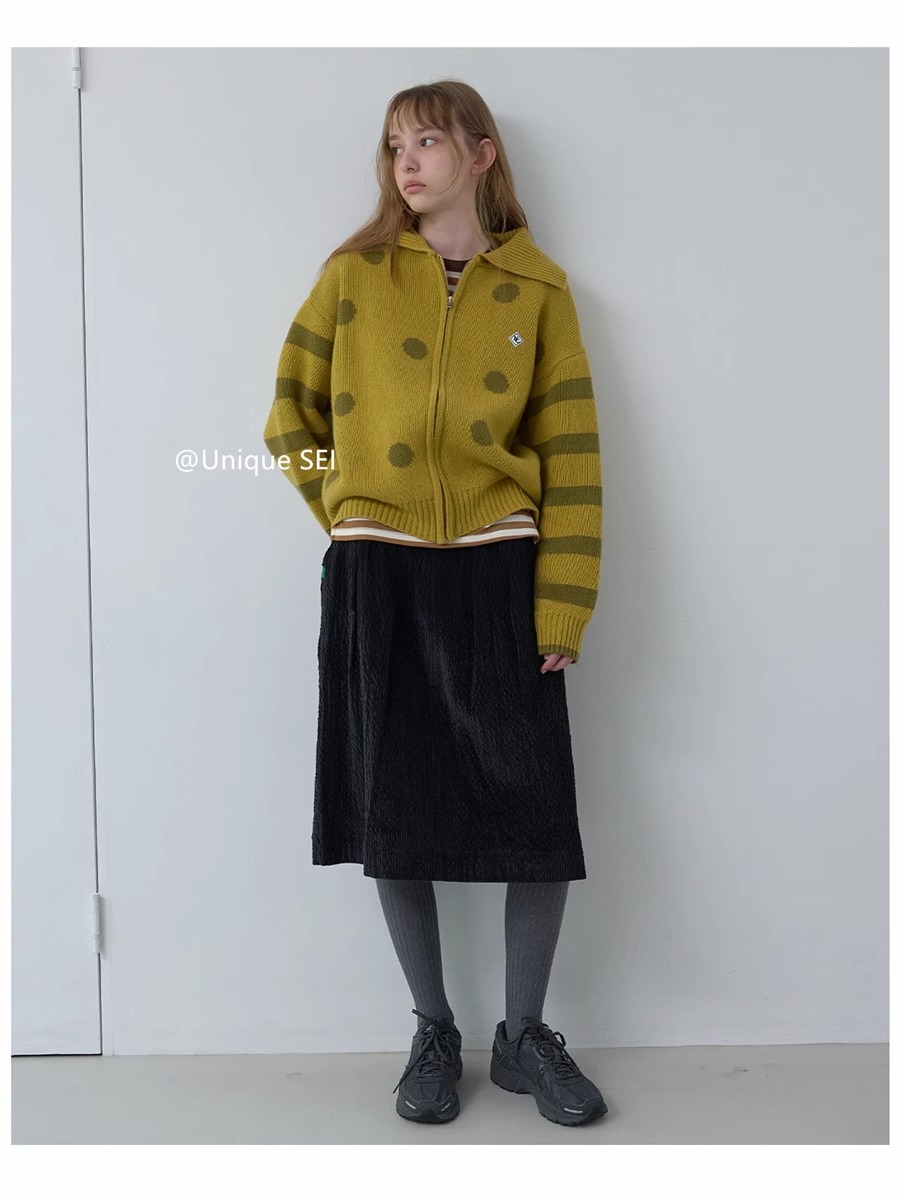 Casual Hooded Knitted Cardigan Sweater Coat with Ruffled Zip-Up, Color-Blocking, Striped and Polka Dot Design for Street Style Casual Hooded Knitted Cardigan Sweater Coat with Ruffled Zip-Up, Color-Blocking, Striped and Polka Dot Design for Street Style