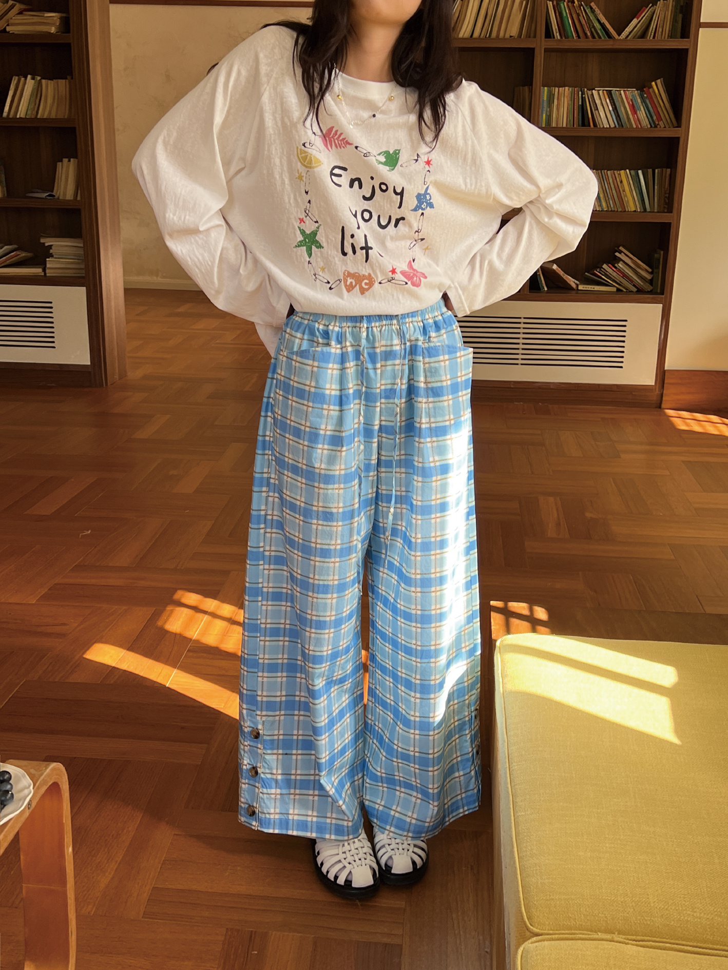 Casual Loose Checkered Wide-Leg Pants with Drawstring - Relaxed Fit, Perfect for Y2K and Everyday Style