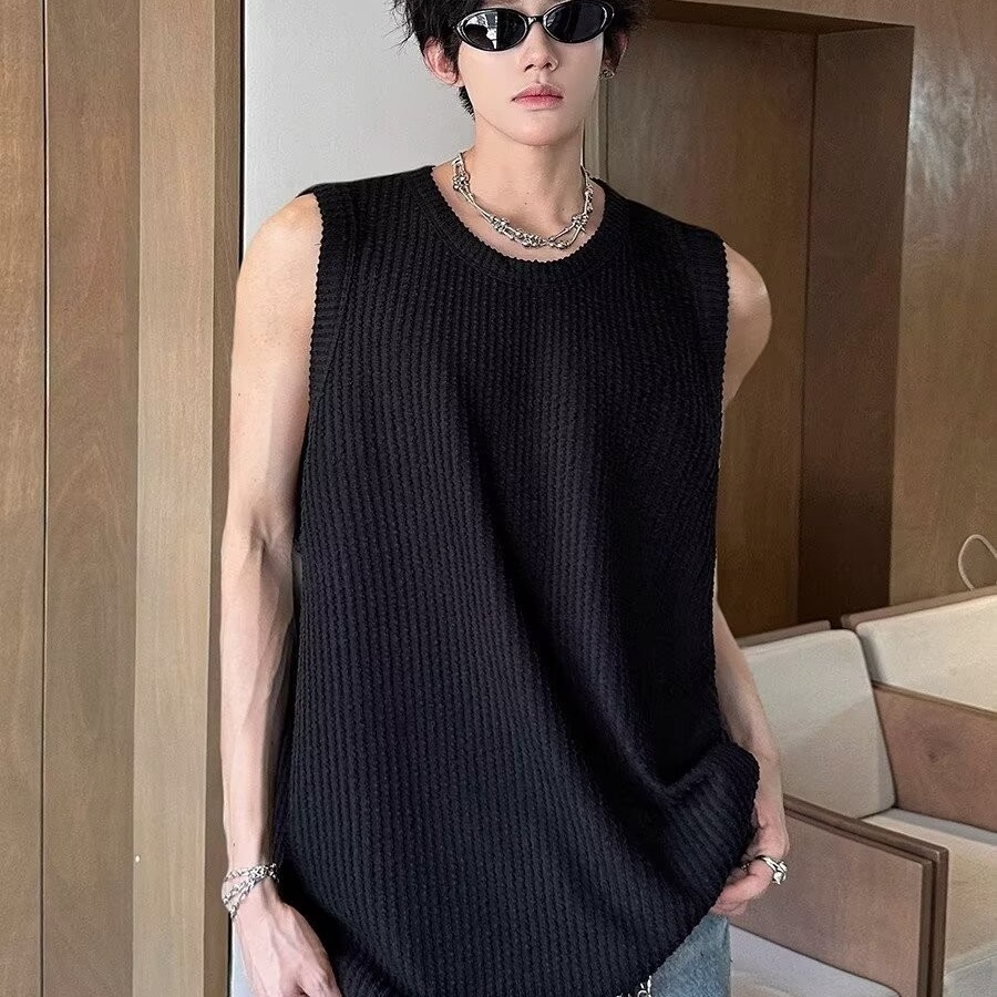 Casual Loose Fit Ribbed Snake Pattern Sleeveless Tank Top for Men - Summer Lazy Style Solid Color Vest Inner Wear Casual Loose Fit Ribbed Snake Pattern Sleeveless Tank Top for Men - Summer Lazy Style Solid Color Vest Inner Wear