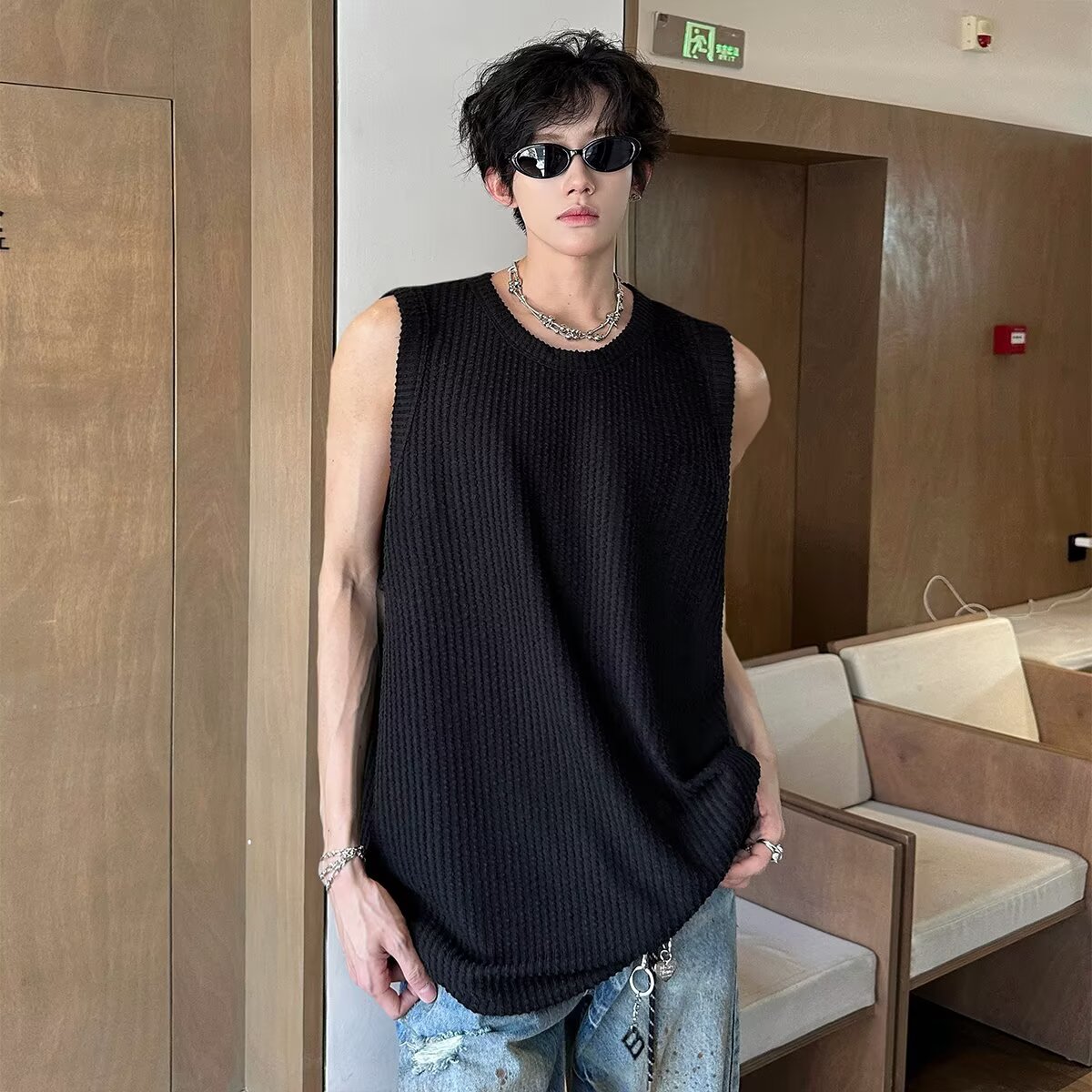 Casual Loose Fit Ribbed Snake Pattern Sleeveless Tank Top for Men - Summer Lazy Style Solid Color Vest Inner Wear Casual Loose Fit Ribbed Snake Pattern Sleeveless Tank Top for Men - Summer Lazy Style Solid Color Vest Inner Wear