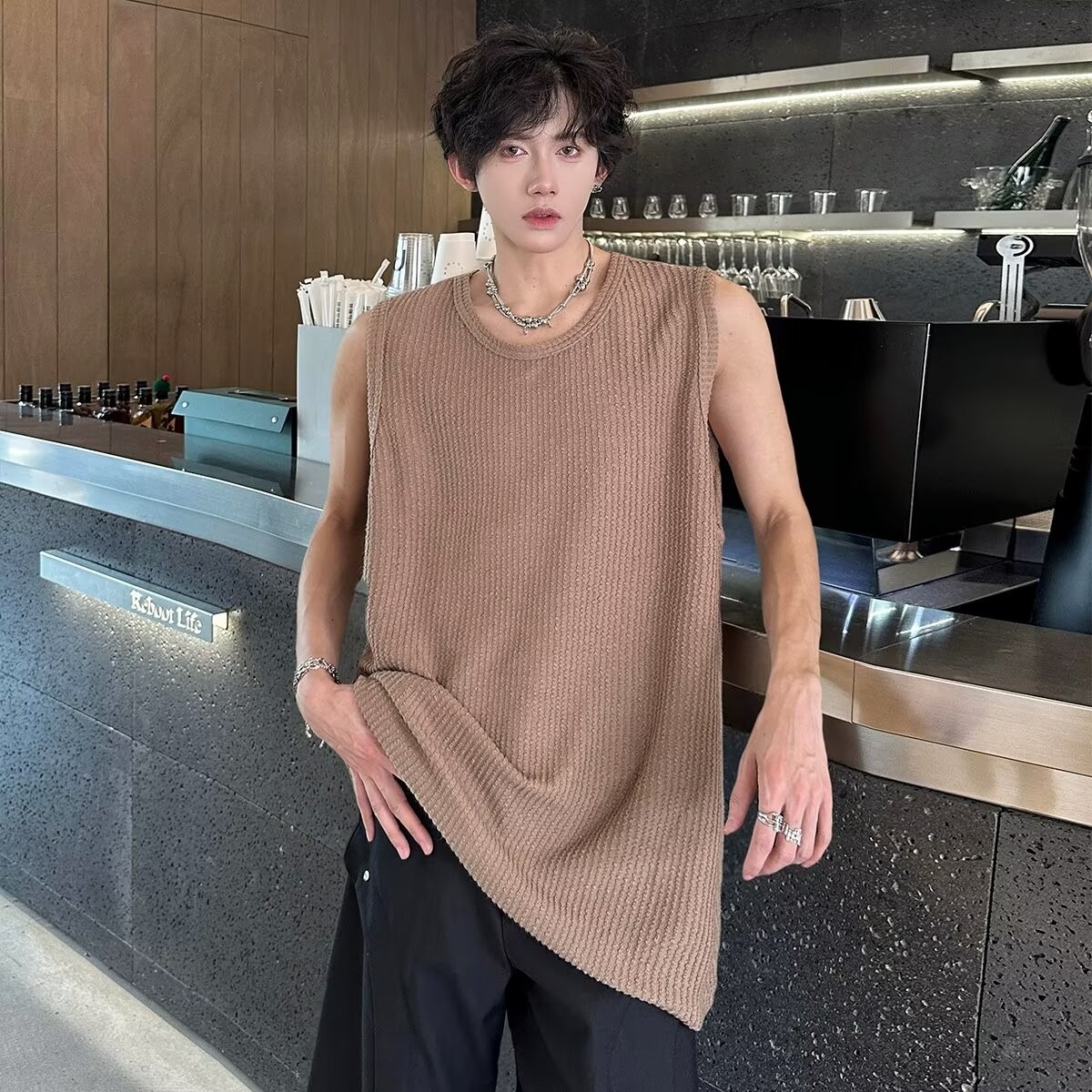 Casual Loose Fit Ribbed Snake Pattern Sleeveless Tank Top for Men - Summer Lazy Style Solid Color Vest Inner Wear Casual Loose Fit Ribbed Snake Pattern Sleeveless Tank Top for Men - Summer Lazy Style Solid Color Vest Inner Wear