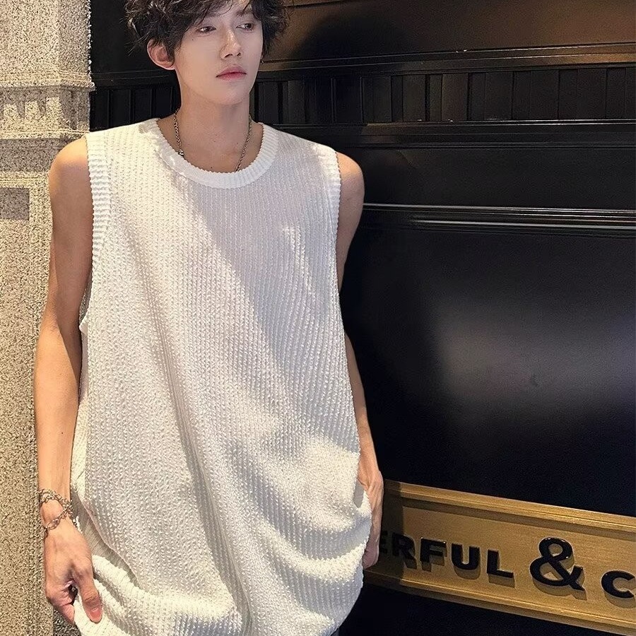 Casual Loose Fit Ribbed Snake Pattern Sleeveless Tank Top for Men - Summer Lazy Style Solid Color Vest Inner Wear