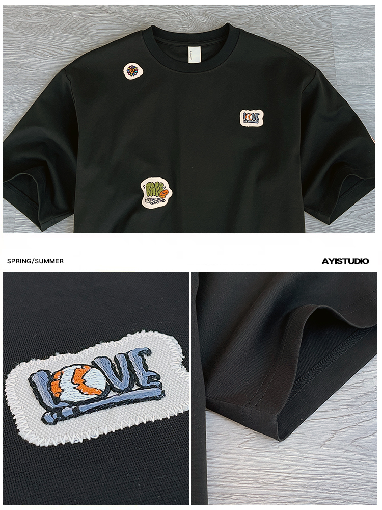 Casual Minimalist Patch Embroidery Short Sleeve T-Shirt for Men - Summer Trendy Round Neck Tee in Hong Kong Style Casual Minimalist Patch Embroidery Short Sleeve T-Shirt for Men - Summer Trendy Round Neck Tee in Hong Kong Style