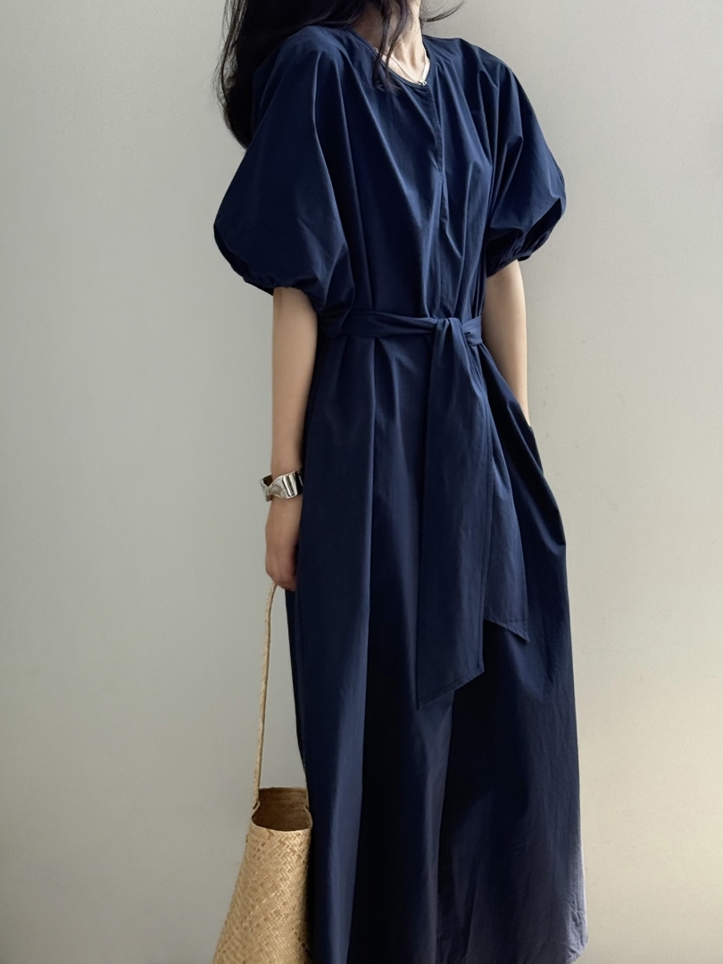 Casual Short Sleeve Dress for Women, Bubble Sleeve Tie-Up French Waist, Pure Cotton, 2025 Summer Style Casual Short Sleeve Dress for Women, Bubble Sleeve Tie-Up French Waist, Pure Cotton, 2025 Summer Style