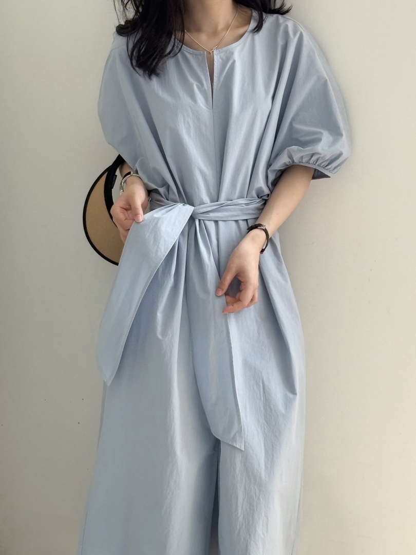 Casual Short Sleeve Dress for Women, Bubble Sleeve Tie-Up French Waist, Pure Cotton, 2025 Summer Style