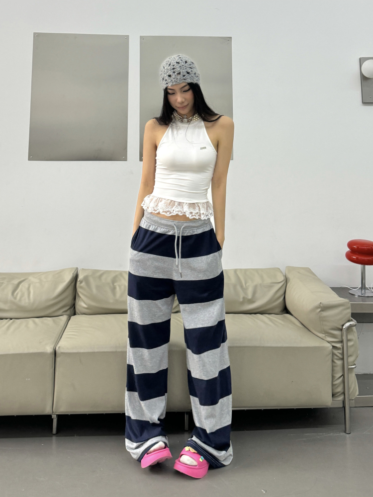 Casual Striped Patchwork Pants with Tie-Downs - Y2K Inspired Floor-Length Trousers for Sweet and Spicy Home Style Casual Striped Patchwork Pants with Tie-Downs - Y2K Inspired Floor-Length Trousers for Sweet and Spicy Home Style