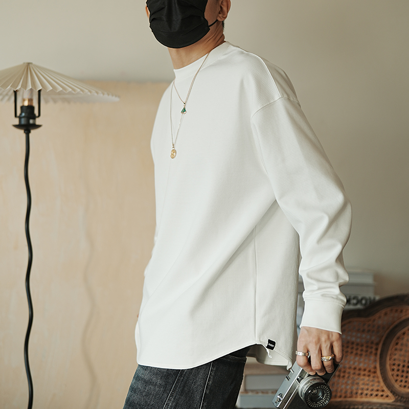 Casual Textured Waffle Long-Sleeve T-Shirt for Men - Trendy Loose Fit Top for Spring and Autumn, Perfect for Everyday Wear Casual Textured Waffle Long-Sleeve T-Shirt for Men - Trendy Loose Fit Top for Spring and Autumn, Perfect for Everyday Wear