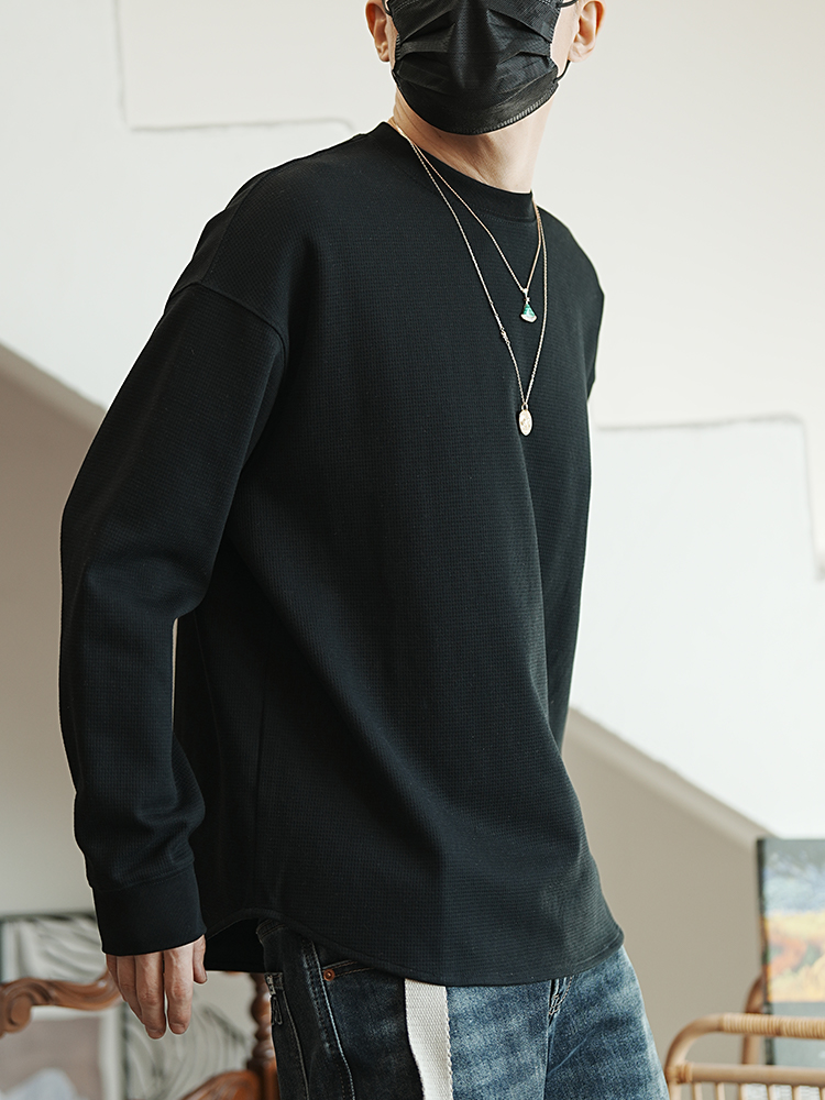 Casual Textured Waffle Long-Sleeve T-Shirt for Men - Trendy Loose Fit Top for Spring and Autumn, Perfect for Everyday Wear