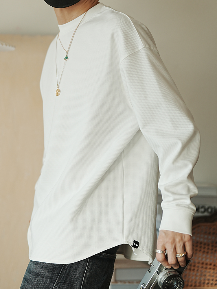Casual Textured Waffle Long-Sleeve T-Shirt for Men - Trendy Loose Fit Top for Spring and Autumn, Perfect for Everyday Wear Casual Textured Waffle Long-Sleeve T-Shirt for Men - Trendy Loose Fit Top for Spring and Autumn, Perfect for Everyday Wear