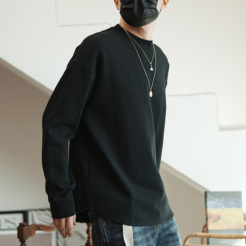 Casual Textured Waffle Long-Sleeve T-Shirt for Men - Trendy Loose Fit Top for Spring and Autumn, Perfect for Everyday Wear