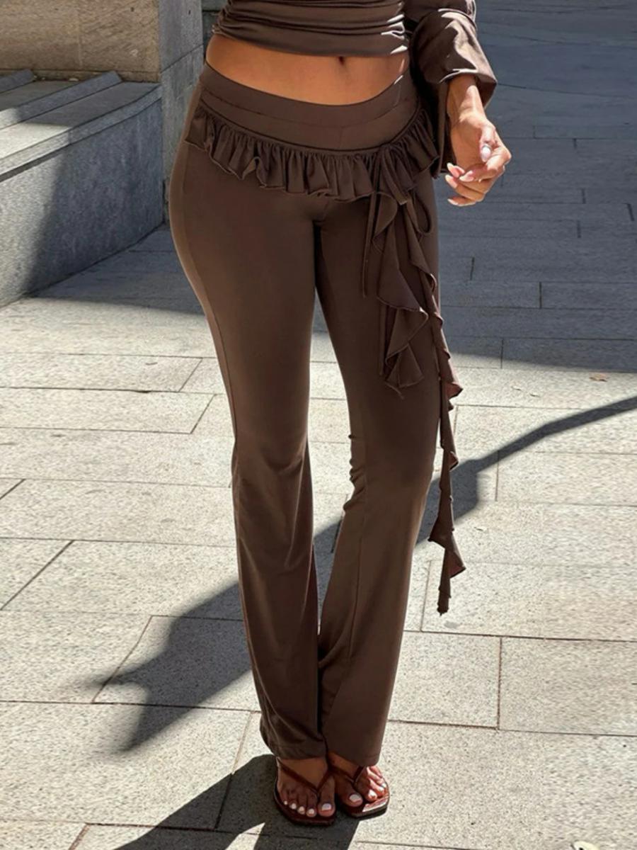 Casual Women's Solid Color Ruffle Ribbon Knit Flared Pencil Pants - Autumn Street Style Fashion Casual Women's Solid Color Ruffle Ribbon Knit Flared Pencil Pants - Autumn Street Style Fashion