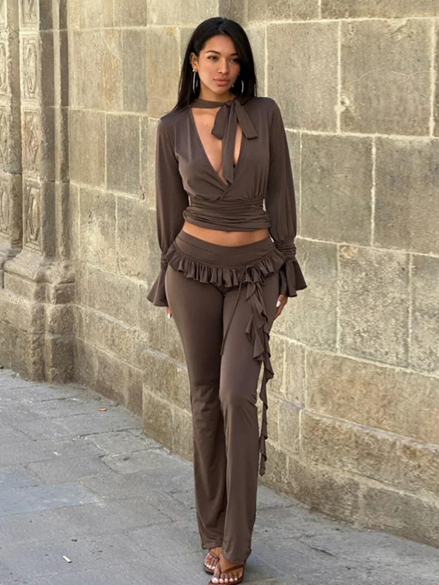 Casual Women's Solid Color Ruffle Ribbon Knit Flared Pencil Pants - Autumn Street Style Fashion