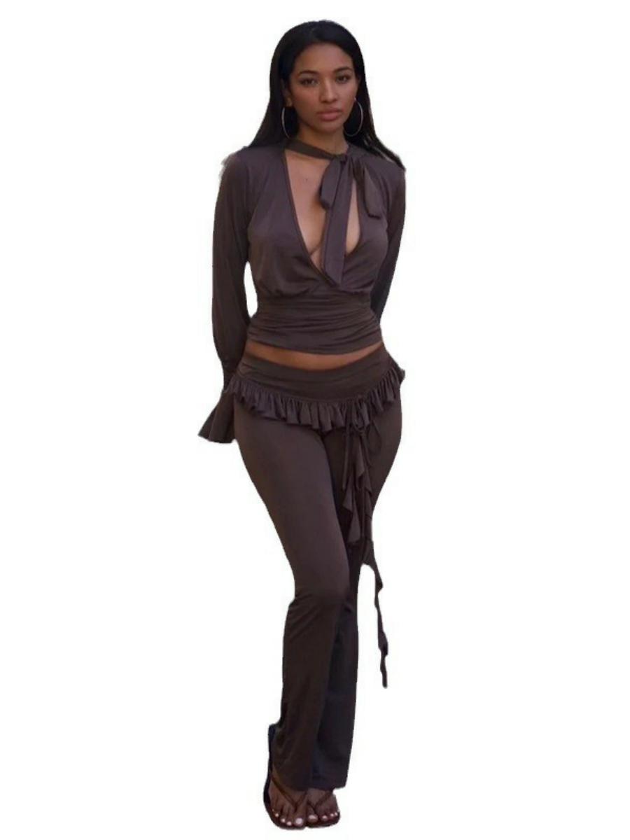 Casual Women's Solid Color Ruffle Ribbon Knit Flared Pencil Pants - Autumn Street Style Fashion Casual Women's Solid Color Ruffle Ribbon Knit Flared Pencil Pants - Autumn Street Style Fashion