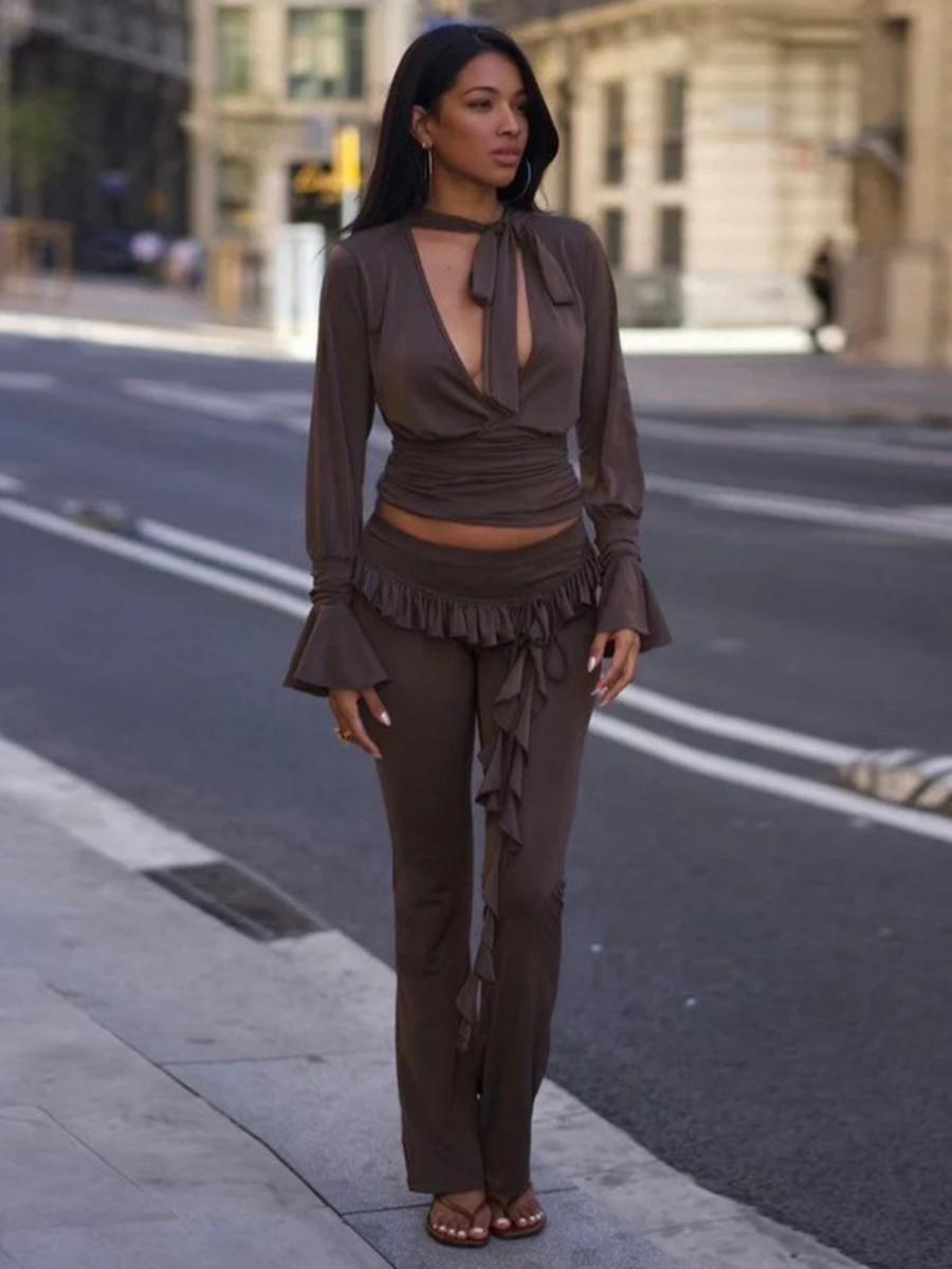 Casual Women's Solid Color Ruffle Ribbon Knit Flared Pencil Pants - Autumn Street Style Fashion Casual Women's Solid Color Ruffle Ribbon Knit Flared Pencil Pants - Autumn Street Style Fashion