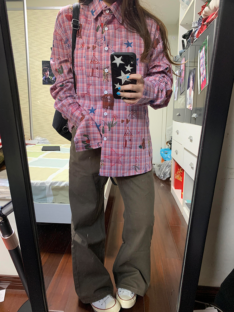 Checkered Pink Long Sleeve Shirt - Eccentric Sweet Graffiti Style, Casual Versatile Slimming Top for Women, Y2K Fashion