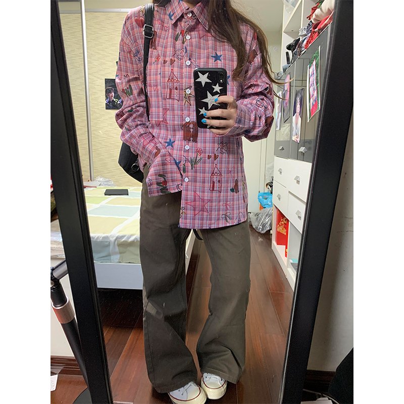 Checkered Pink Long Sleeve Shirt - Eccentric Sweet Graffiti Style, Casual Versatile Slimming Top for Women, Y2K Fashion