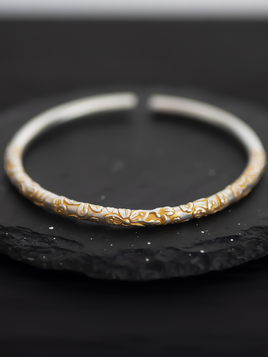 Cherry Blossom Cluster Adjustable Pure Silver 999 Gold-Plated Artistic Bracelet - Fresh National Style Gift Cherry Blossom Cluster Adjustable Pure Silver 999 Gold-Plated Artistic Bracelet - Fresh National Style Gift