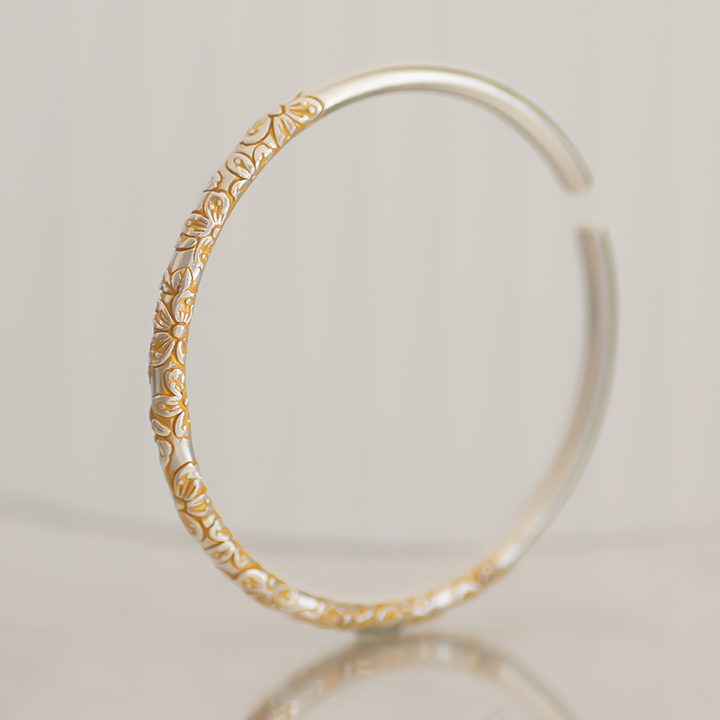 Cherry Blossom Cluster Adjustable Pure Silver 999 Gold-Plated Artistic Bracelet - Fresh National Style Gift