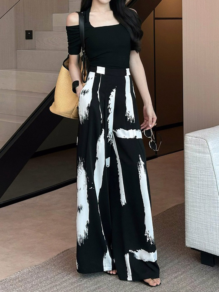 Chic Black and White Color-Block Wide-Leg Pants for Women - Stylish Slimming Floor-Length Design for Summer 2025 Fashion Chic Black and White Color-Block Wide-Leg Pants for Women - Stylish Slimming Floor-Length Design for Summer 2025 Fashion