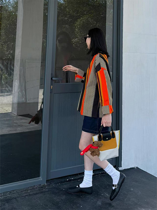 Chic Color-Blocked Vertical Stripe Shirt for Women - Trendy High-End Lazy Top, Perfect for Casual 90s Inspired Style Chic Color-Blocked Vertical Stripe Shirt for Women - Trendy High-End Lazy Top, Perfect for Casual 90s Inspired Style