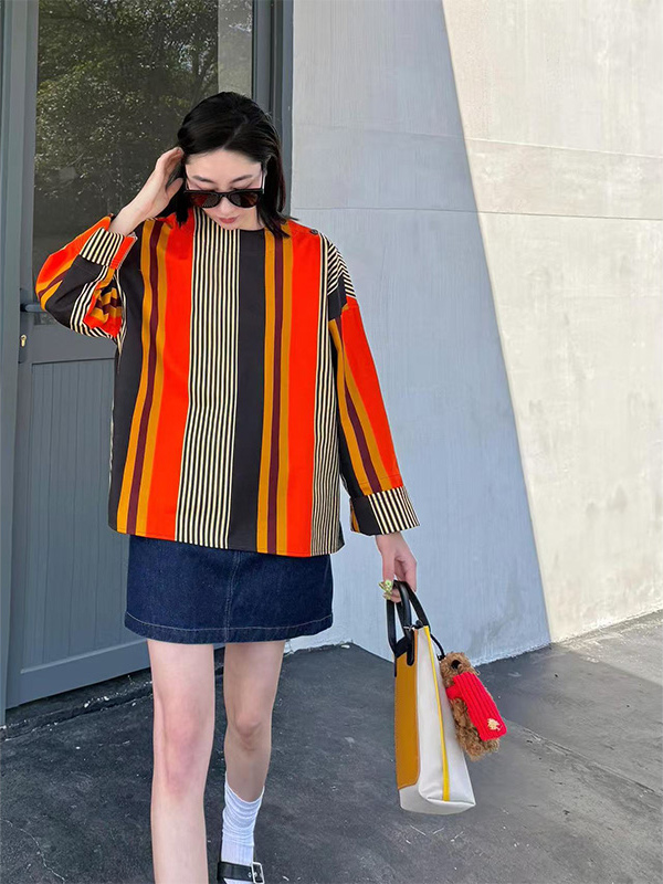 Chic Color-Blocked Vertical Stripe Shirt for Women - Trendy High-End Lazy Top, Perfect for Casual 90s Inspired Style Chic Color-Blocked Vertical Stripe Shirt for Women - Trendy High-End Lazy Top, Perfect for Casual 90s Inspired Style