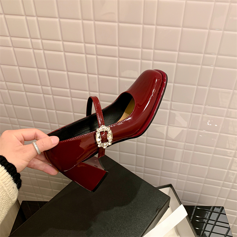 Chic Cowhide Patent Leather Rhinestone One-Strap Chunky Heel Mary Jane Shoes - Fairy Style High Heels for a Statement Look Chic Cowhide Patent Leather Rhinestone One-Strap Chunky Heel Mary Jane Shoes - Fairy Style High Heels for a Statement Look