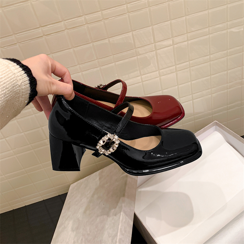 Chic Cowhide Patent Leather Rhinestone One-Strap Chunky Heel Mary Jane Shoes - Fairy Style High Heels for a Statement Look Chic Cowhide Patent Leather Rhinestone One-Strap Chunky Heel Mary Jane Shoes - Fairy Style High Heels for a Statement Look