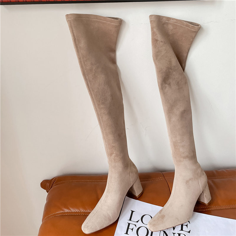 Chic Korean Style Over-the-Knee Elastic Boots for Women - Chunky Heel, Square Toe, Slim Long Tube Design for Effortless Elegance