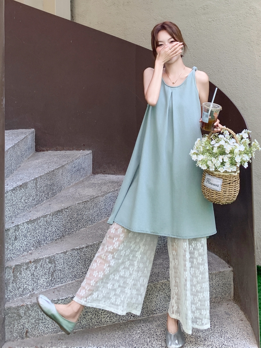 Chic Lace-Up Wide-Leg Pants and Spaghetti Strap Denim Skirt Set â€“ Trendy Korean Style Outfit for 2025 Fashion Lovers