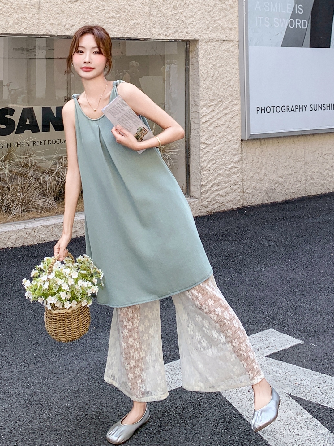 Chic Lace-Up Wide-Leg Pants and Spaghetti Strap Denim Skirt Set – Trendy Korean Style Outfit for 2025 Fashion Lovers Chic Lace-Up Wide-Leg Pants and Spaghetti Strap Denim Skirt Set – Trendy Korean Style Outfit for 2025 Fashion Lovers