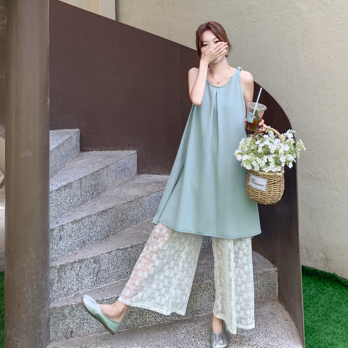 Chic Lace-Up Wide-Leg Pants and Spaghetti Strap Denim Skirt Set â€“ Trendy Korean Style Outfit for 2025 Fashion Lovers