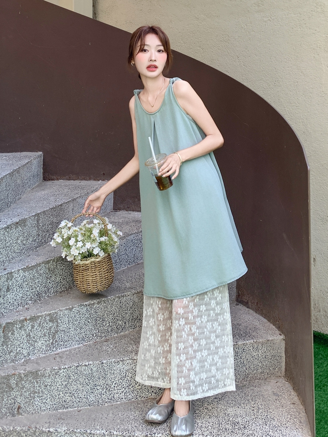 Chic Lace-Up Wide-Leg Pants and Spaghetti Strap Denim Skirt Set – Trendy Korean Style Outfit for 2025 Fashion Lovers Chic Lace-Up Wide-Leg Pants and Spaghetti Strap Denim Skirt Set – Trendy Korean Style Outfit for 2025 Fashion Lovers