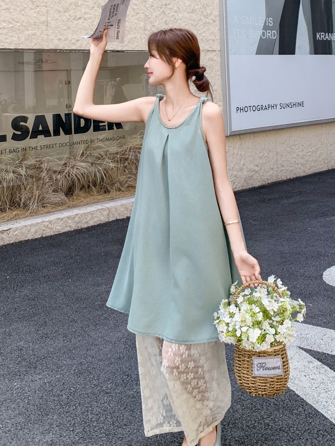 Chic Lace-Up Wide-Leg Pants and Spaghetti Strap Denim Skirt Set – Trendy Korean Style Outfit for 2025 Fashion Lovers Chic Lace-Up Wide-Leg Pants and Spaghetti Strap Denim Skirt Set – Trendy Korean Style Outfit for 2025 Fashion Lovers