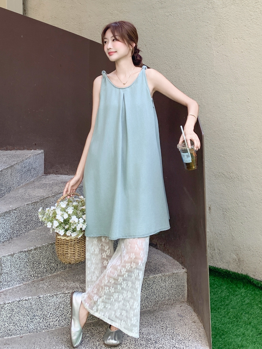 Chic Lace-Up Wide-Leg Pants and Spaghetti Strap Denim Skirt Set – Trendy Korean Style Outfit for 2025 Fashion Lovers Chic Lace-Up Wide-Leg Pants and Spaghetti Strap Denim Skirt Set – Trendy Korean Style Outfit for 2025 Fashion Lovers