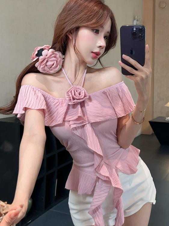 Chic Off-Shoulder Floral Chiffon Top with Flowing Ribbons – Unique Irregular Design, High-End Fashion, Sweet and Spicy Style Chic Off-Shoulder Floral Chiffon Top with Flowing Ribbons – Unique Irregular Design, High-End Fashion, Sweet and Spicy Style