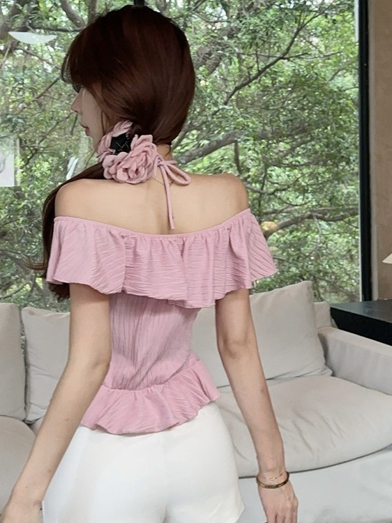 Chic Off-Shoulder Floral Chiffon Top with Flowing Ribbons – Unique Irregular Design, High-End Fashion, Sweet and Spicy Style Chic Off-Shoulder Floral Chiffon Top with Flowing Ribbons – Unique Irregular Design, High-End Fashion, Sweet and Spicy Style