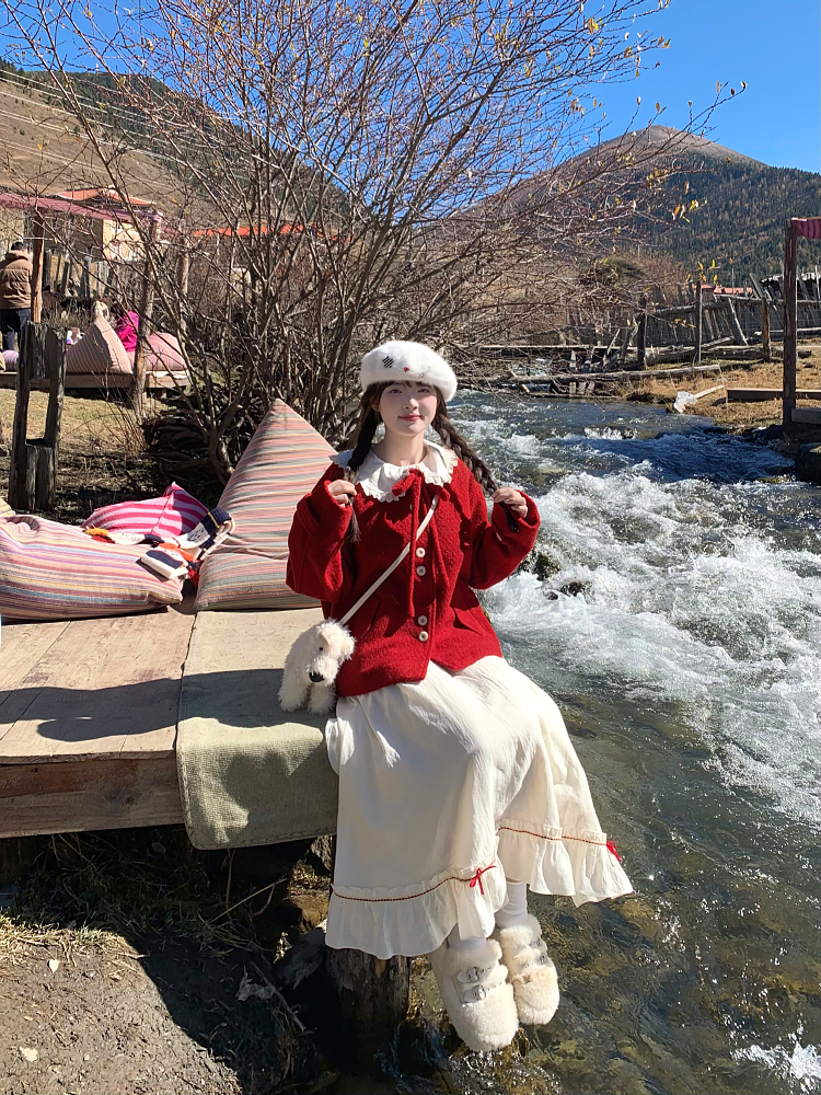 Chic Red Woolen Coat for Women, Sweet Temperament Birthday Sweater, Early Spring Battle Robe, Fragrant Style Top