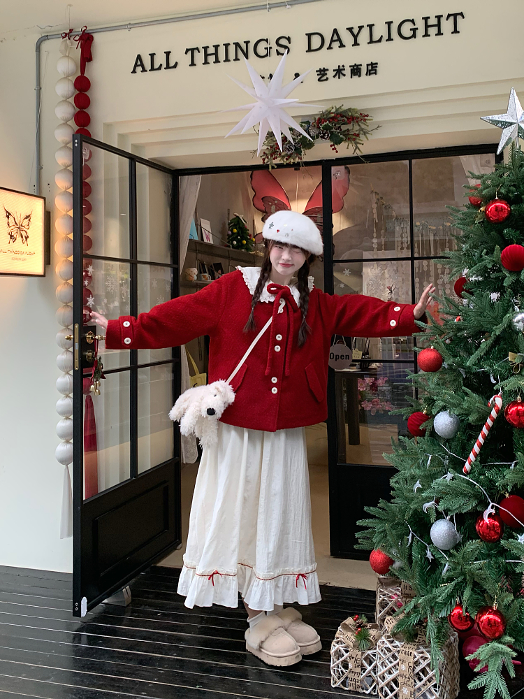 Chic Red Woolen Coat for Women, Sweet Temperament Birthday Sweater, Early Spring Battle Robe, Fragrant Style Top