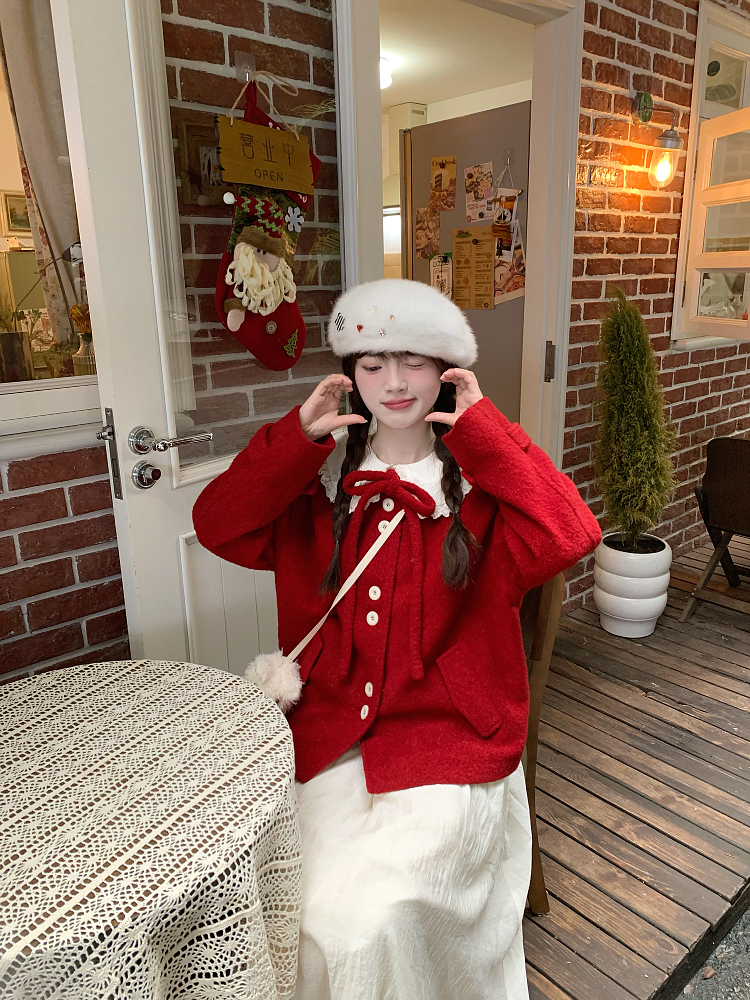 Chic Red Woolen Coat for Women, Sweet Temperament Birthday Sweater, Early Spring Battle Robe, Fragrant Style Top Chic Red Woolen Coat for Women, Sweet Temperament Birthday Sweater, Early Spring Battle Robe, Fragrant Style Top