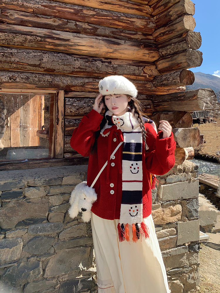 Chic Red Woolen Coat for Women, Sweet Temperament Birthday Sweater, Early Spring Battle Robe, Fragrant Style Top Chic Red Woolen Coat for Women, Sweet Temperament Birthday Sweater, Early Spring Battle Robe, Fragrant Style Top