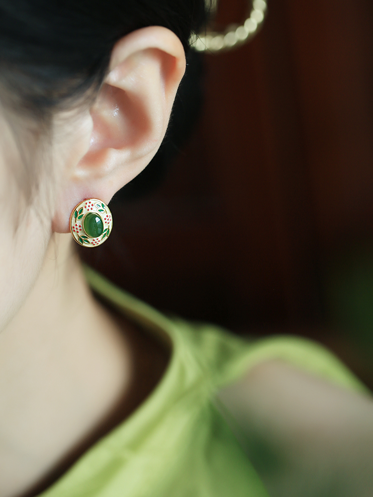 Chinese Style Ancient Flower Branch Design Hetian Jade and Silver Earrings with Gold Enamel for Women - Elegant Vintage Accessory Chinese Style Ancient Flower Branch Design Hetian Jade and Silver Earrings with Gold Enamel for Women - Elegant Vintage Accessory