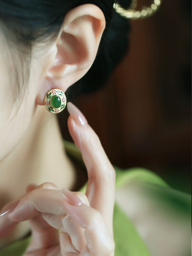 Chinese Style Ancient Flower Branch Design Hetian Jade and Silver Earrings with Gold Enamel for Women - Elegant Vintage Accessory Chinese Style Ancient Flower Branch Design Hetian Jade and Silver Earrings with Gold Enamel for Women - Elegant Vintage Accessory