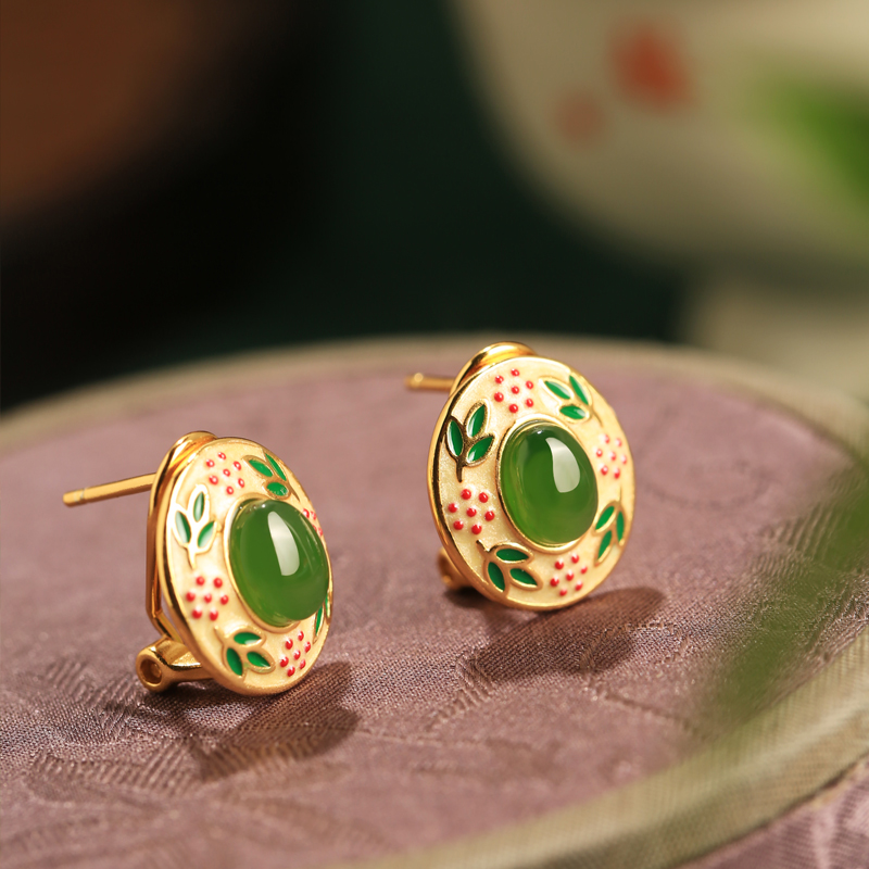 Chinese Style Ancient Flower Branch Design Hetian Jade and Silver Earrings with Gold Enamel for Women - Elegant Vintage Accessory