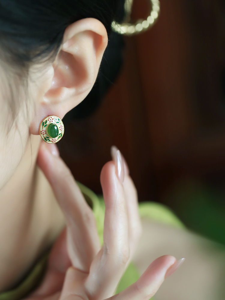 Chinese Style Ancient Flower Branch Design Hetian Jade and Silver Earrings with Gold Enamel for Women - Elegant Vintage Accessory Chinese Style Ancient Flower Branch Design Hetian Jade and Silver Earrings with Gold Enamel for Women - Elegant Vintage Accessory