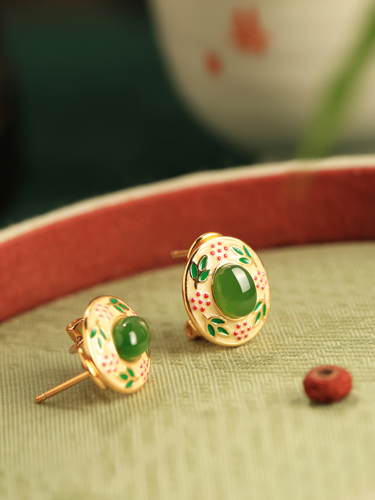 Chinese Style Ancient Flower Branch Design Hetian Jade and Silver Earrings with Gold Enamel for Women - Elegant Vintage Accessory Chinese Style Ancient Flower Branch Design Hetian Jade and Silver Earrings with Gold Enamel for Women - Elegant Vintage Accessory