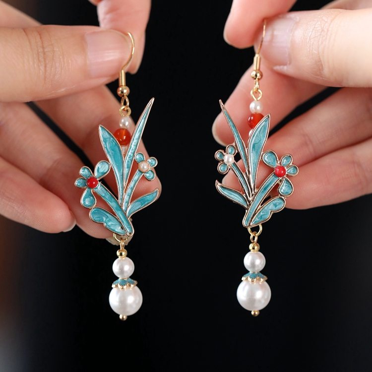 Chinese-Style Blue Enamel Horse-Face Earrings for Weddings, Classic Hanfu Accessories, Qipao Pendant Design