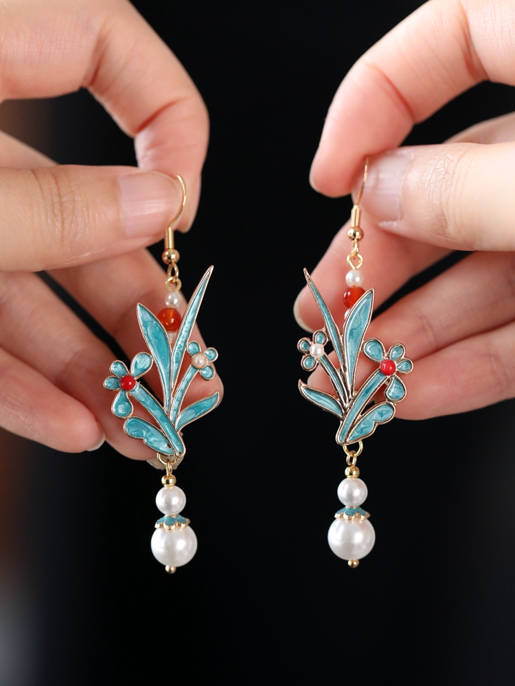 Chinese-Style Blue Enamel Horse-Face Earrings for Weddings, Classic Hanfu Accessories, Qipao Pendant Design