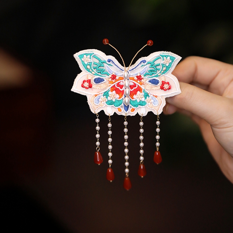 Chinese-Style Butterfly Embroidered Hair Clip with Tassels - Hanfu Headdress Side Clip for Forest Style Qipao Looks