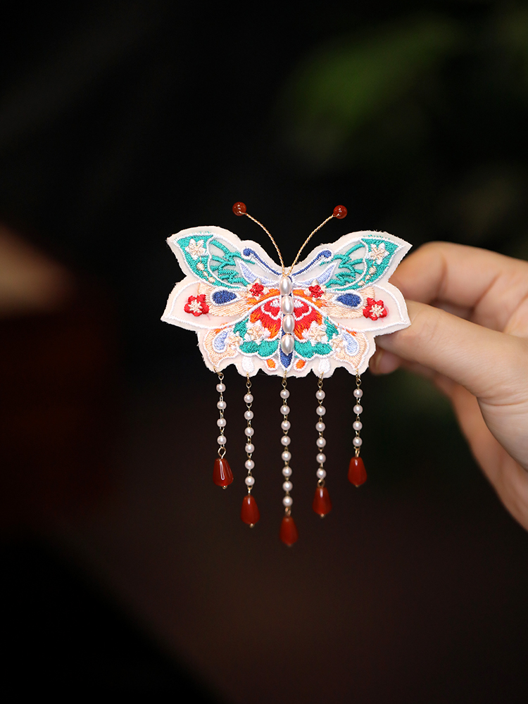 Chinese-Style Butterfly Embroidered Hair Clip with Tassels - Hanfu Headdress Side Clip for Forest Style Qipao Looks Chinese-Style Butterfly Embroidered Hair Clip with Tassels - Hanfu Headdress Side Clip for Forest Style Qipao Looks
