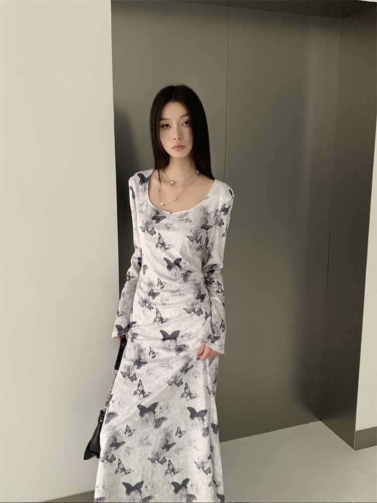 Chinese Style Butterfly Print Long Sleeve Bodycon Dress for Women - Waist-Defining Slim Fit Autumn Fashion